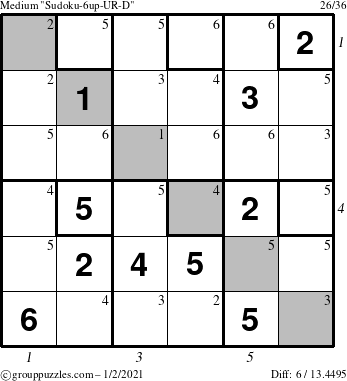 The grouppuzzles.com Medium Sudoku-6up-UR-D puzzle for Saturday January 2, 2021 with all 6 steps marked