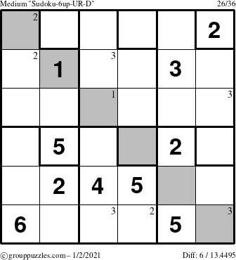 The grouppuzzles.com Medium Sudoku-6up-UR-D puzzle for Saturday January 2, 2021 with the first 3 steps marked