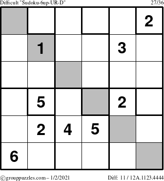 The grouppuzzles.com Difficult Sudoku-6up-UR-D puzzle for Saturday January 2, 2021