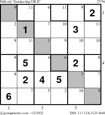 The grouppuzzles.com Difficult Sudoku-6up-UR-D puzzle for Saturday January 2, 2021 with all 11 steps marked