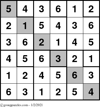 The grouppuzzles.com Answer grid for the Sudoku-6up-UR-D puzzle for Saturday January 2, 2021