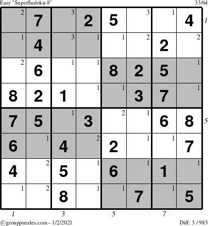 The grouppuzzles.com Easy SuperSudoku-8 puzzle for Saturday January 2, 2021 with all 3 steps marked