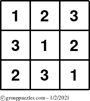 The grouppuzzles.com Answer grid for the TicTac-123 puzzle for Saturday January 2, 2021