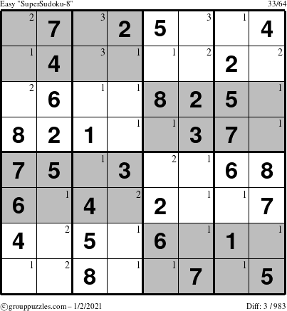 The grouppuzzles.com Easy SuperSudoku-8 puzzle for Saturday January 2, 2021 with the first 3 steps marked