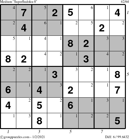 The grouppuzzles.com Medium SuperSudoku-8 puzzle for Saturday January 2, 2021, suitable for printing, with all 6 steps marked