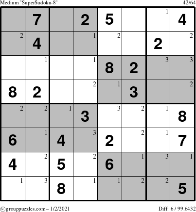 The grouppuzzles.com Medium SuperSudoku-8 puzzle for Saturday January 2, 2021 with the first 3 steps marked