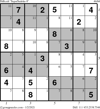 The grouppuzzles.com Difficult SuperSudoku-8 puzzle for Saturday January 2, 2021 with all 11 steps marked