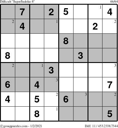 The grouppuzzles.com Difficult SuperSudoku-8 puzzle for Saturday January 2, 2021 with the first 3 steps marked