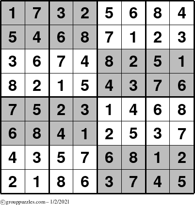 The grouppuzzles.com Answer grid for the SuperSudoku-8 puzzle for Saturday January 2, 2021