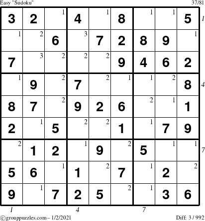 The grouppuzzles.com Easy Sudoku puzzle for Saturday January 2, 2021 with all 3 steps marked