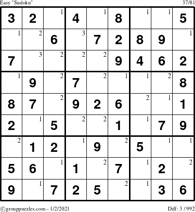 The grouppuzzles.com Easy Sudoku puzzle for Saturday January 2, 2021 with the first 3 steps marked