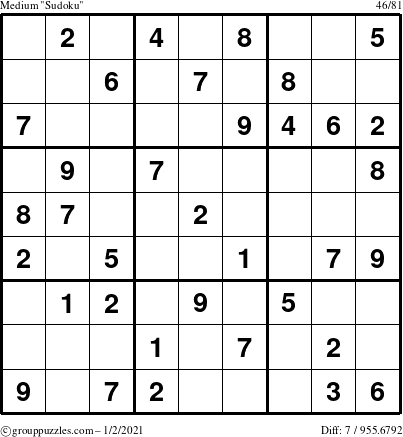 The grouppuzzles.com Medium Sudoku puzzle for Saturday January 2, 2021