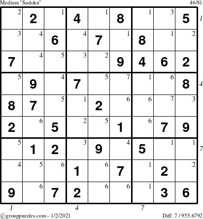 The grouppuzzles.com Medium Sudoku puzzle for Saturday January 2, 2021, suitable for printing, with all 7 steps marked