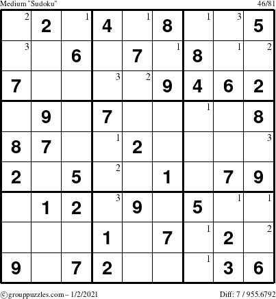 The grouppuzzles.com Medium Sudoku puzzle for Saturday January 2, 2021 with the first 3 steps marked