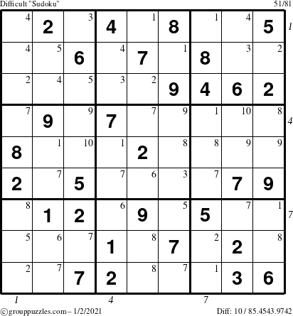 The grouppuzzles.com Difficult Sudoku puzzle for Saturday January 2, 2021 with all 10 steps marked