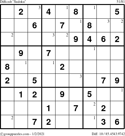 The grouppuzzles.com Difficult Sudoku puzzle for Saturday January 2, 2021 with the first 3 steps marked