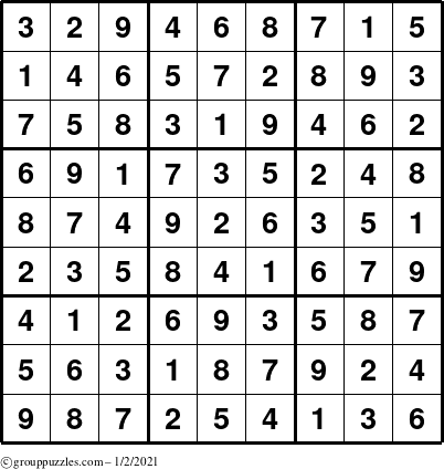 The grouppuzzles.com Answer grid for the Sudoku puzzle for Saturday January 2, 2021