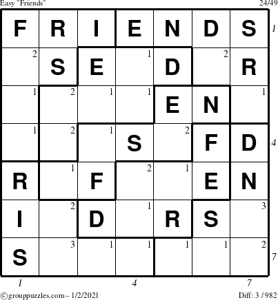 The grouppuzzles.com Easy Friends puzzle for Saturday January 2, 2021 with all 3 steps marked