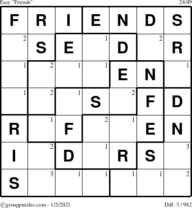 The grouppuzzles.com Easy Friends puzzle for Saturday January 2, 2021 with the first 3 steps marked