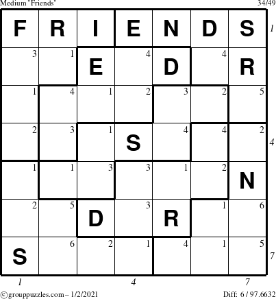 The grouppuzzles.com Medium Friends puzzle for Saturday January 2, 2021, suitable for printing, with all 6 steps marked