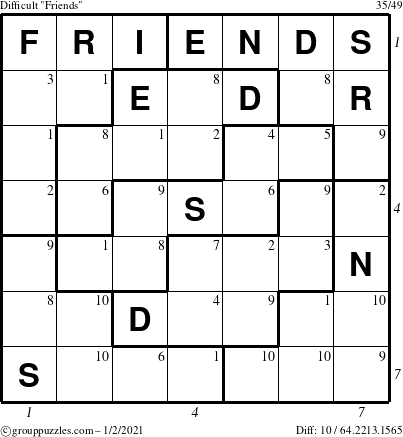 The grouppuzzles.com Difficult Friends puzzle for Saturday January 2, 2021 with all 10 steps marked