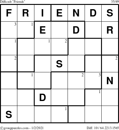 The grouppuzzles.com Difficult Friends puzzle for Saturday January 2, 2021 with the first 3 steps marked