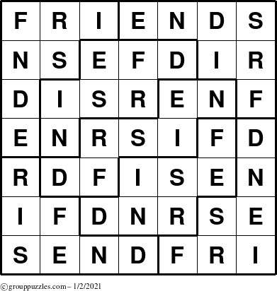 The grouppuzzles.com Answer grid for the Friends puzzle for Saturday January 2, 2021