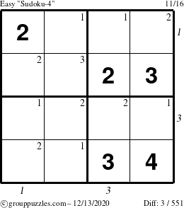 The grouppuzzles.com Easy Sudoku-4 puzzle for Sunday December 13, 2020, suitable for printing, with all 3 steps marked