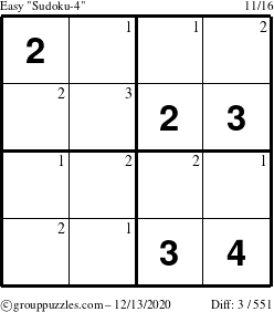 The grouppuzzles.com Easy Sudoku-4 puzzle for Sunday December 13, 2020 with the first 3 steps marked