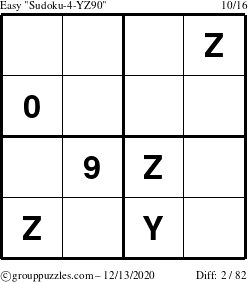 The grouppuzzles.com Easy Sudoku-4-YZ90 puzzle for Sunday December 13, 2020