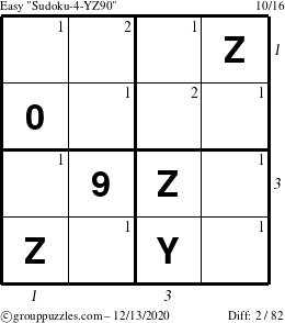 The grouppuzzles.com Easy Sudoku-4-YZ90 puzzle for Sunday December 13, 2020, suitable for printing, with all 2 steps marked