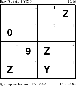 The grouppuzzles.com Easy Sudoku-4-YZ90 puzzle for Sunday December 13, 2020 with the first 2 steps marked