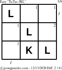 The grouppuzzles.com Easy TicTac-JKL puzzle for Sunday December 13, 2020 with all 2 steps marked