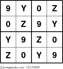 The grouppuzzles.com Answer grid for the Sudoku-4-YZ90 puzzle for Sunday December 13, 2020