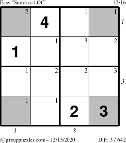 The grouppuzzles.com Easy Sudoku-4-OC puzzle for Sunday December 13, 2020, suitable for printing, with all 3 steps marked