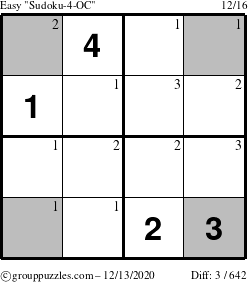 The grouppuzzles.com Easy Sudoku-4-OC puzzle for Sunday December 13, 2020 with the first 3 steps marked