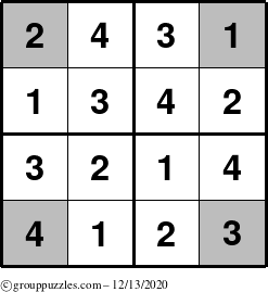 The grouppuzzles.com Answer grid for the Sudoku-4-OC puzzle for Sunday December 13, 2020