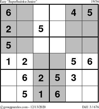 The grouppuzzles.com Easy SuperSudoku-Junior puzzle for Sunday December 13, 2020