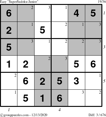 The grouppuzzles.com Easy SuperSudoku-Junior puzzle for Sunday December 13, 2020 with all 3 steps marked