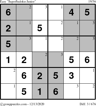 The grouppuzzles.com Easy SuperSudoku-Junior puzzle for Sunday December 13, 2020 with the first 3 steps marked