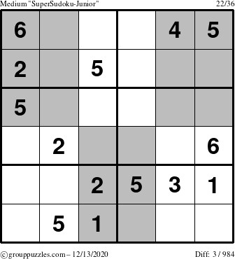 The grouppuzzles.com Medium SuperSudoku-Junior puzzle for Sunday December 13, 2020