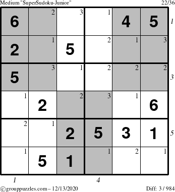 The grouppuzzles.com Medium SuperSudoku-Junior puzzle for Sunday December 13, 2020 with all 3 steps marked