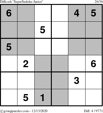 The grouppuzzles.com Difficult SuperSudoku-Junior puzzle for Sunday December 13, 2020