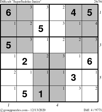 The grouppuzzles.com Difficult SuperSudoku-Junior puzzle for Sunday December 13, 2020, suitable for printing, with all 4 steps marked