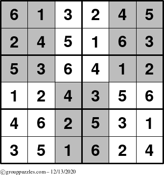 The grouppuzzles.com Answer grid for the SuperSudoku-Junior puzzle for Sunday December 13, 2020