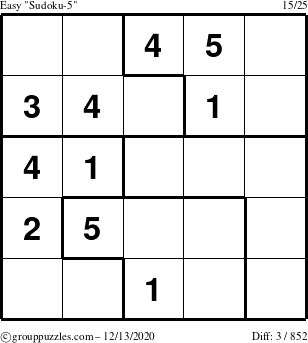 The grouppuzzles.com Easy Sudoku-5 puzzle for Sunday December 13, 2020