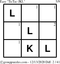 The grouppuzzles.com Easy TicTac-JKL puzzle for Sunday December 13, 2020 with the first 2 steps marked