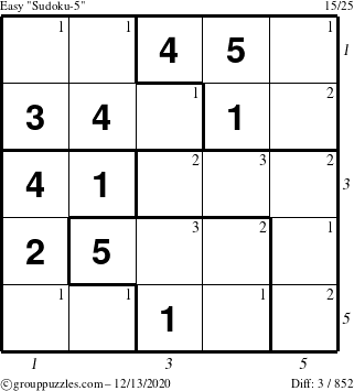 The grouppuzzles.com Easy Sudoku-5 puzzle for Sunday December 13, 2020 with all 3 steps marked