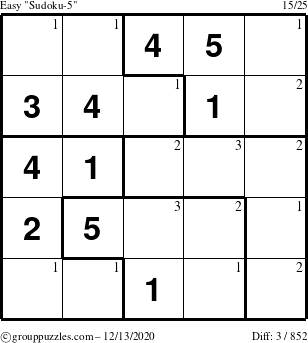 The grouppuzzles.com Easy Sudoku-5 puzzle for Sunday December 13, 2020 with the first 3 steps marked