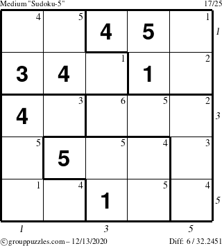 The grouppuzzles.com Medium Sudoku-5 puzzle for Sunday December 13, 2020 with all 6 steps marked